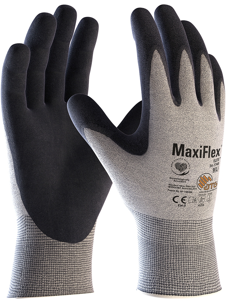 ATG® MaxiFlex® Elite™ ESD Nylon-Strickhandschuhe (34-774B) in Hellgrau/Schwarz – Vorderansicht