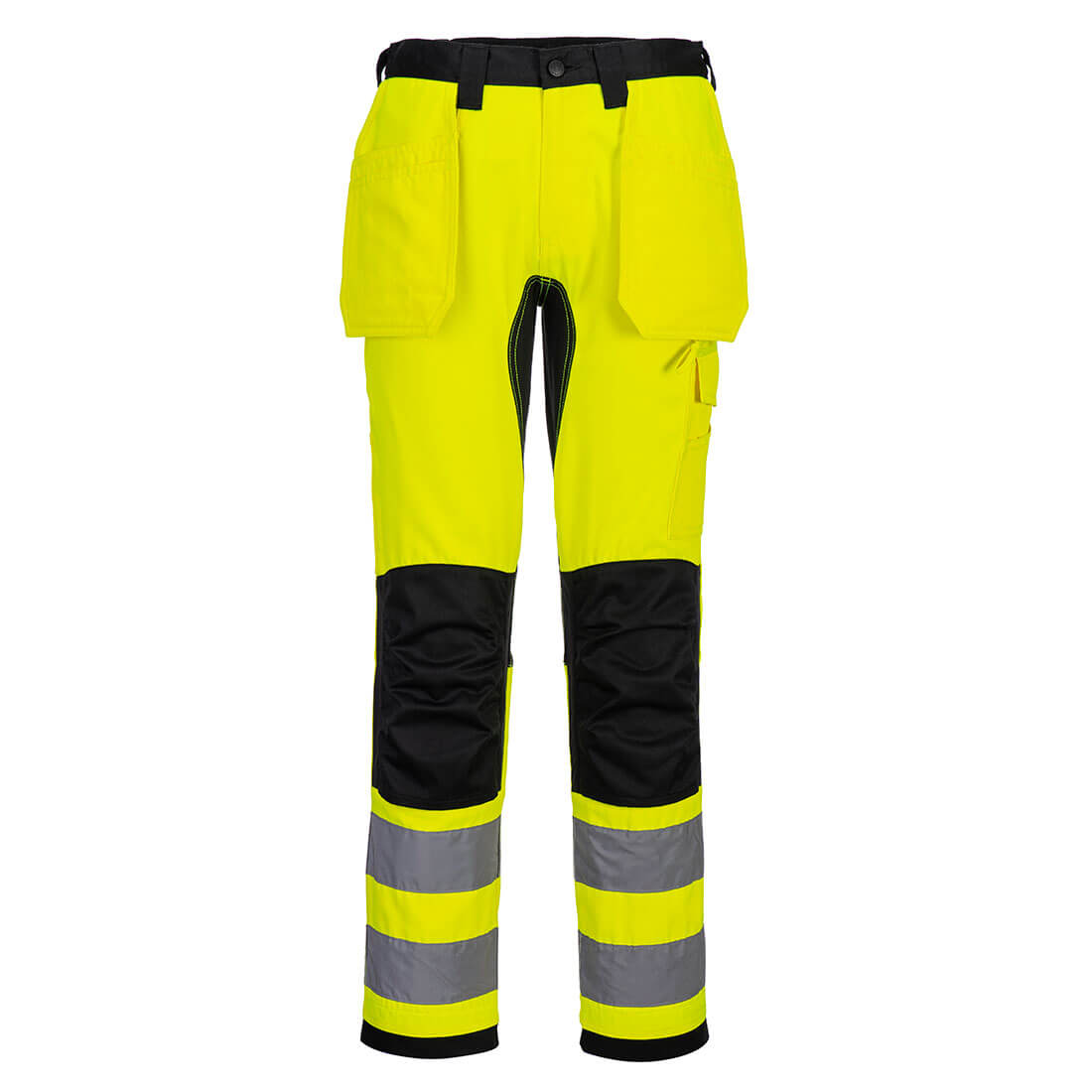 Portwest WX2 Eco Hi-Vis Holster Pocket Trousers in Gelb/Schwarz – Vorderansicht