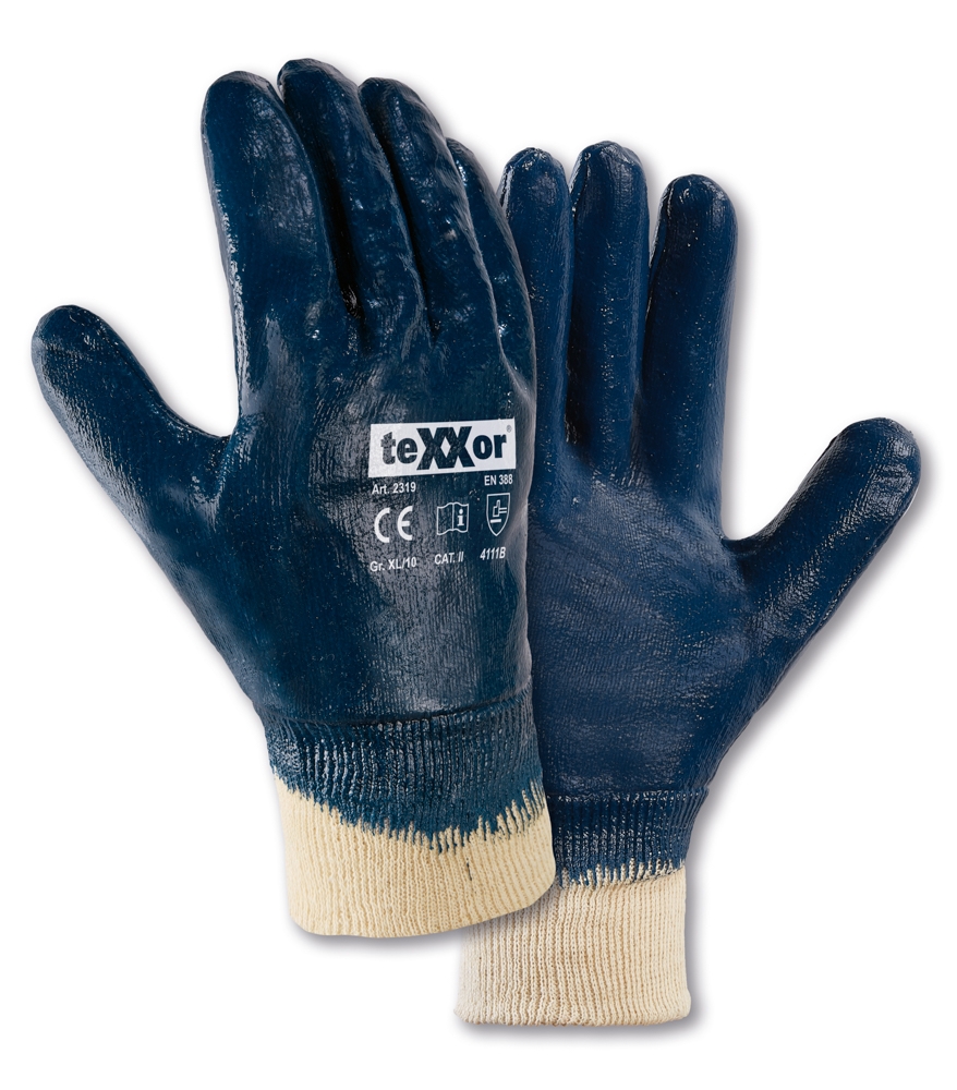 teXXor® Nitril-Handschuhe STRICKBUND in Beige/Blau – Vorderansicht