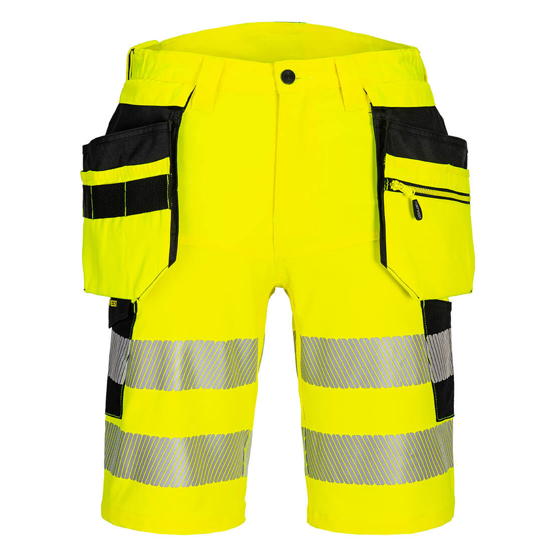 Portwest DX4 Hi-Vis Holster Pocket Shorts in Gelb/Schwarz – Vorderansicht