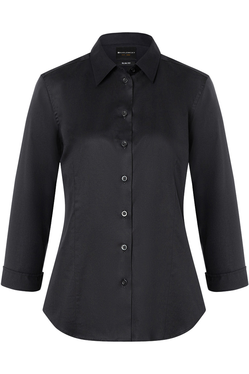 Karlowsky Damenbluse Active-Stretch mit 3/4-Ärmeln in Slim-Fit in Schwarz – Vorderansicht
