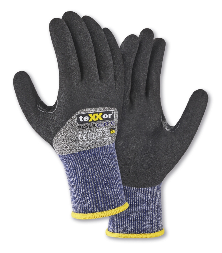 teXXor® Schnittschutz-Strickhs. BLACK CUT®C 3/4 besch. in Grau-Meliert/Blau/Schwarz – Vorderansicht