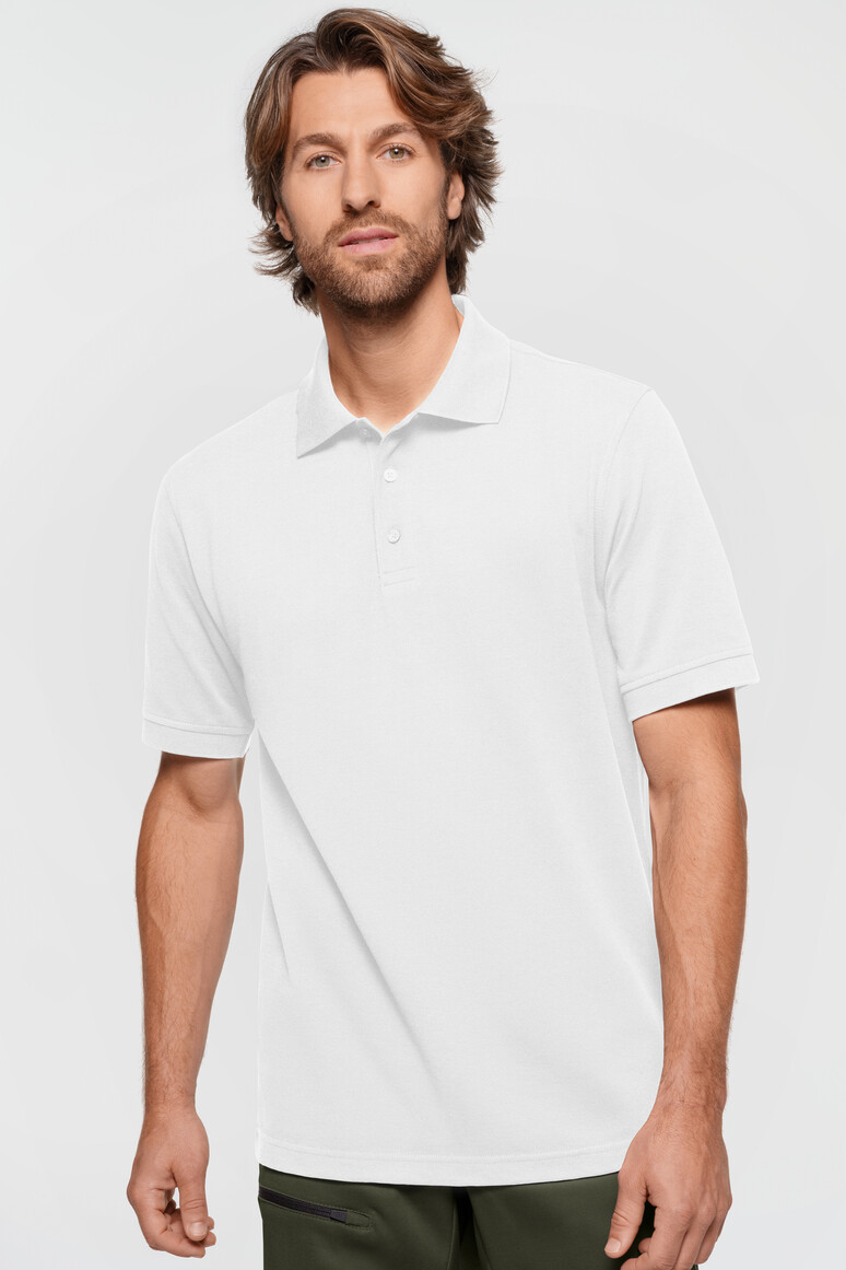 HAKRO 503 Label-Free Poloshirt Heavy MIKRALINAR® ECO in Weiß – Modellansicht