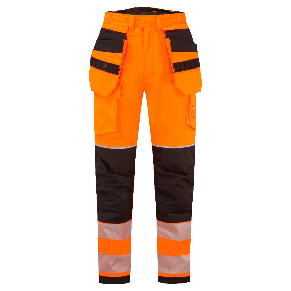 Portwest PW3 Modaflame Rain+ Hi-Vis FR Winter Holster Trousers in Orange/Schwarz – Vorderansicht