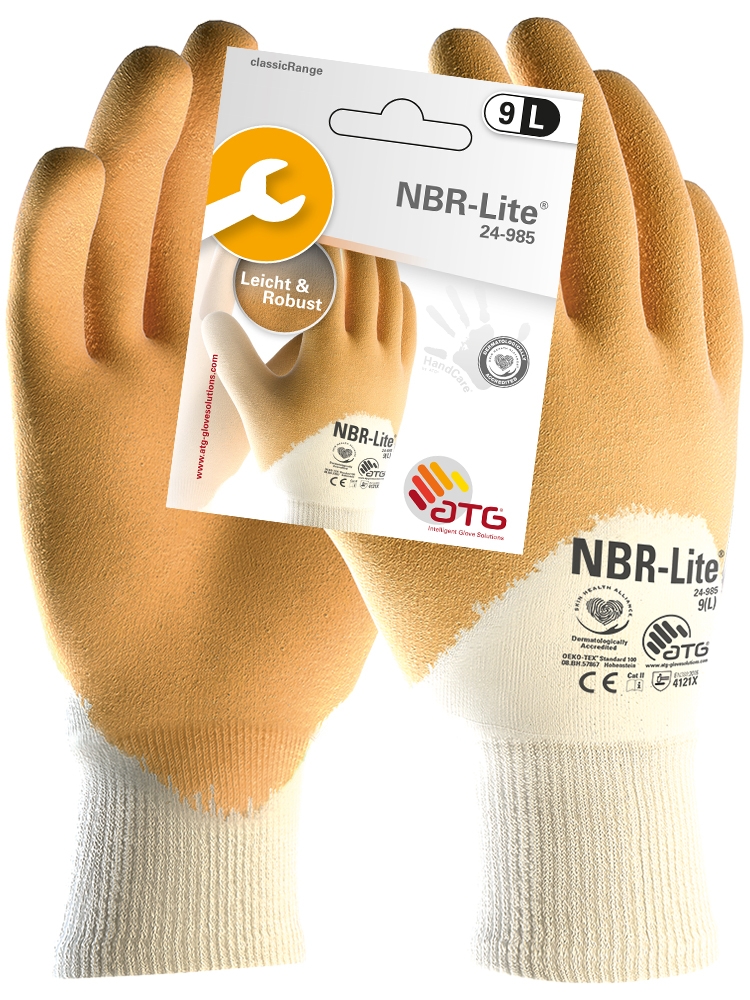 ATG® NBR-Lite® Nitril-Handschuhe (24-985 HCT), SB-Verpackung in Gelb/Beige – Vorderansicht