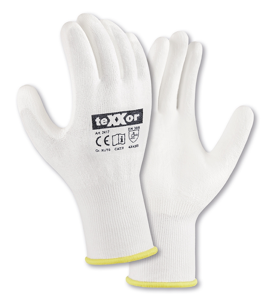 teXXor® Schnittschutz-Strickhandschuhe PU-BESCHICHTUNG in Weiß/Weiß – Vorderansicht