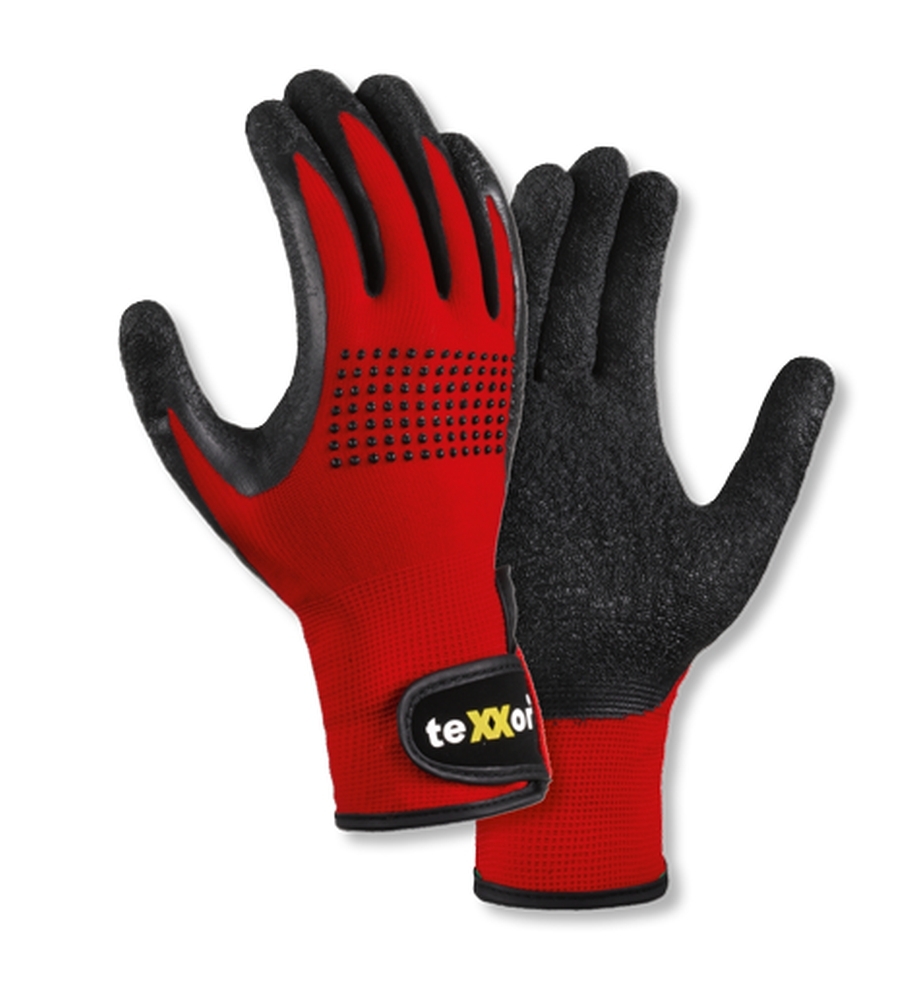 teXXor® Nylon-Montagehandschuhe LATEX BESCHICHTET in Rot/Schwarz – Vorderansicht