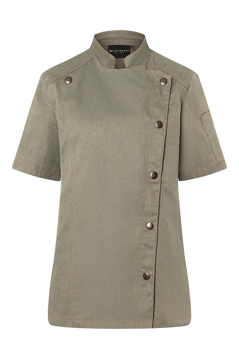 Karlowsky Kurzarm Damenkochjacke Jeans-Style in Vintage Moss Green – Vorderansicht