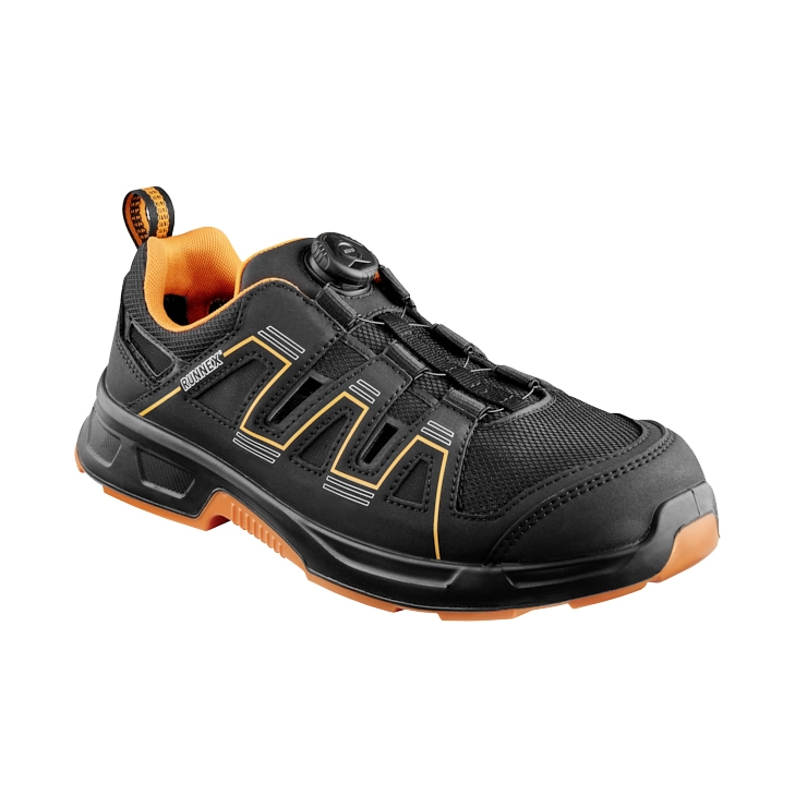 RUNNEX® S1PS ESD-Sicherheitssandalen atop ActionStar in Schwarz/Orange – Vorderansicht