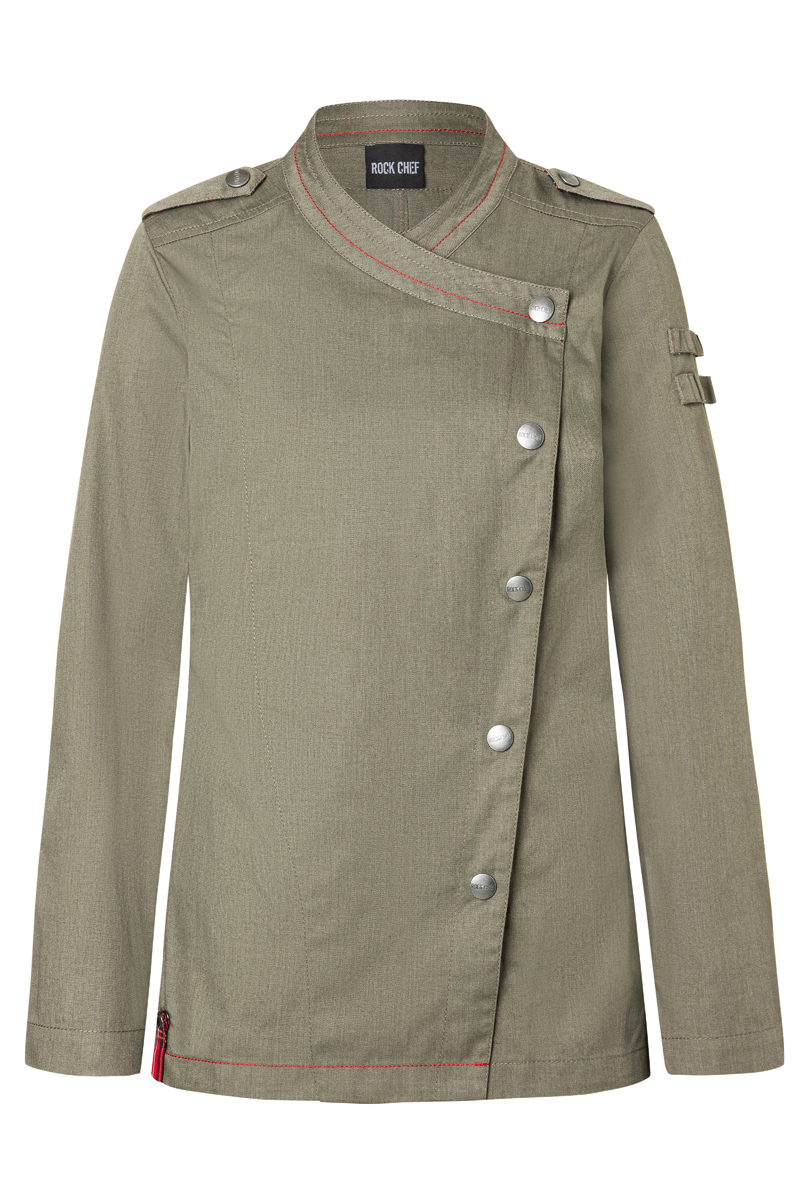 Langarm Damenkochjacke Denim-Style ROCK CHEF®-Stage2 in Vintage Moss Green – Vorderansicht