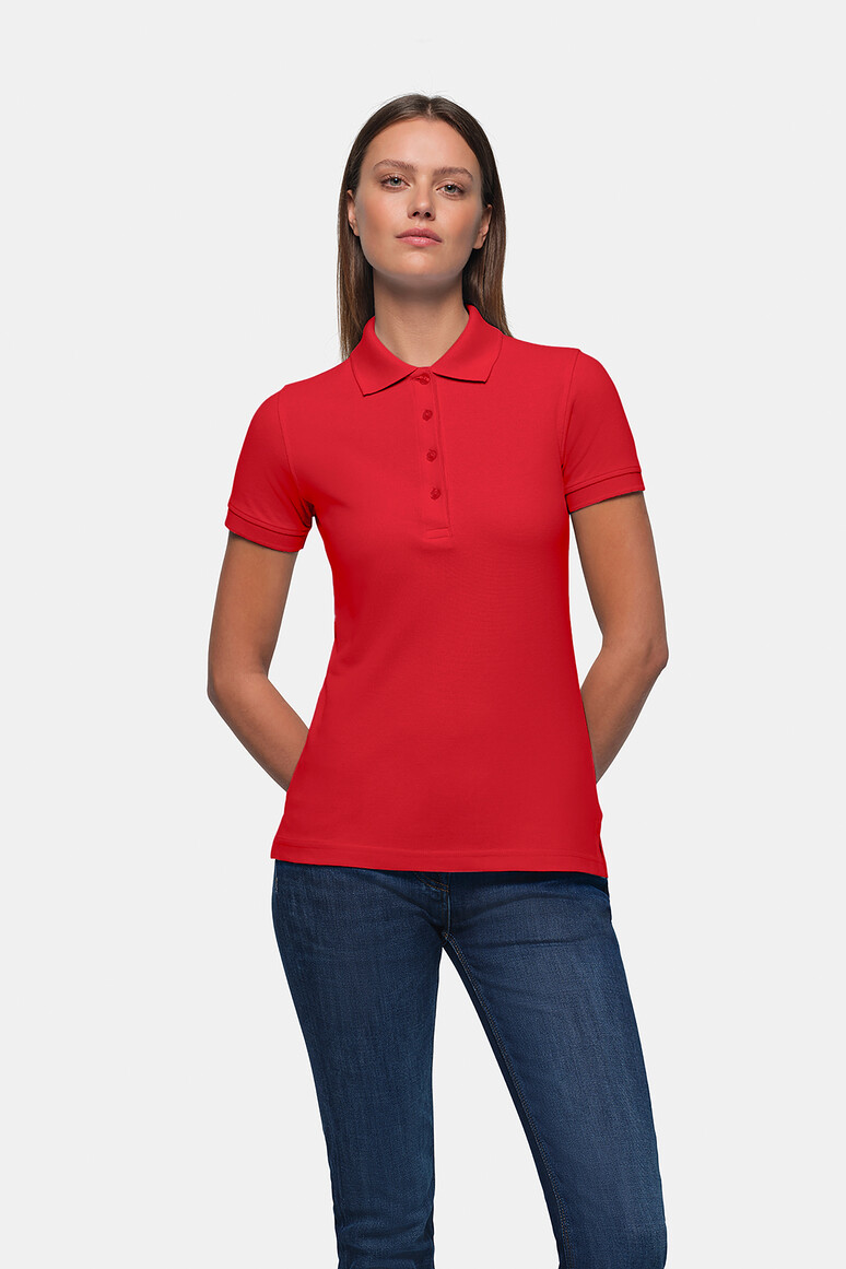 HAKRO 110 Damen Poloshirt Classic in Rot – Modellansicht