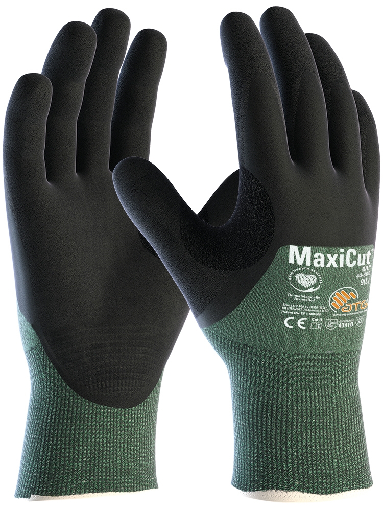 ATG® MaxiCut® Oil™ Schnittschutz-Strickhandschuhe (44-305) in Grün/Schwarz – Vorderansicht