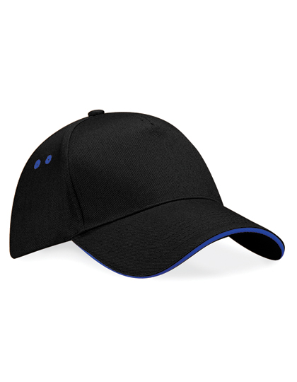 Beechfield Ultimate 5 Panel Cap - Sandwich Peak in Black/Bright Royal – Vorderansicht