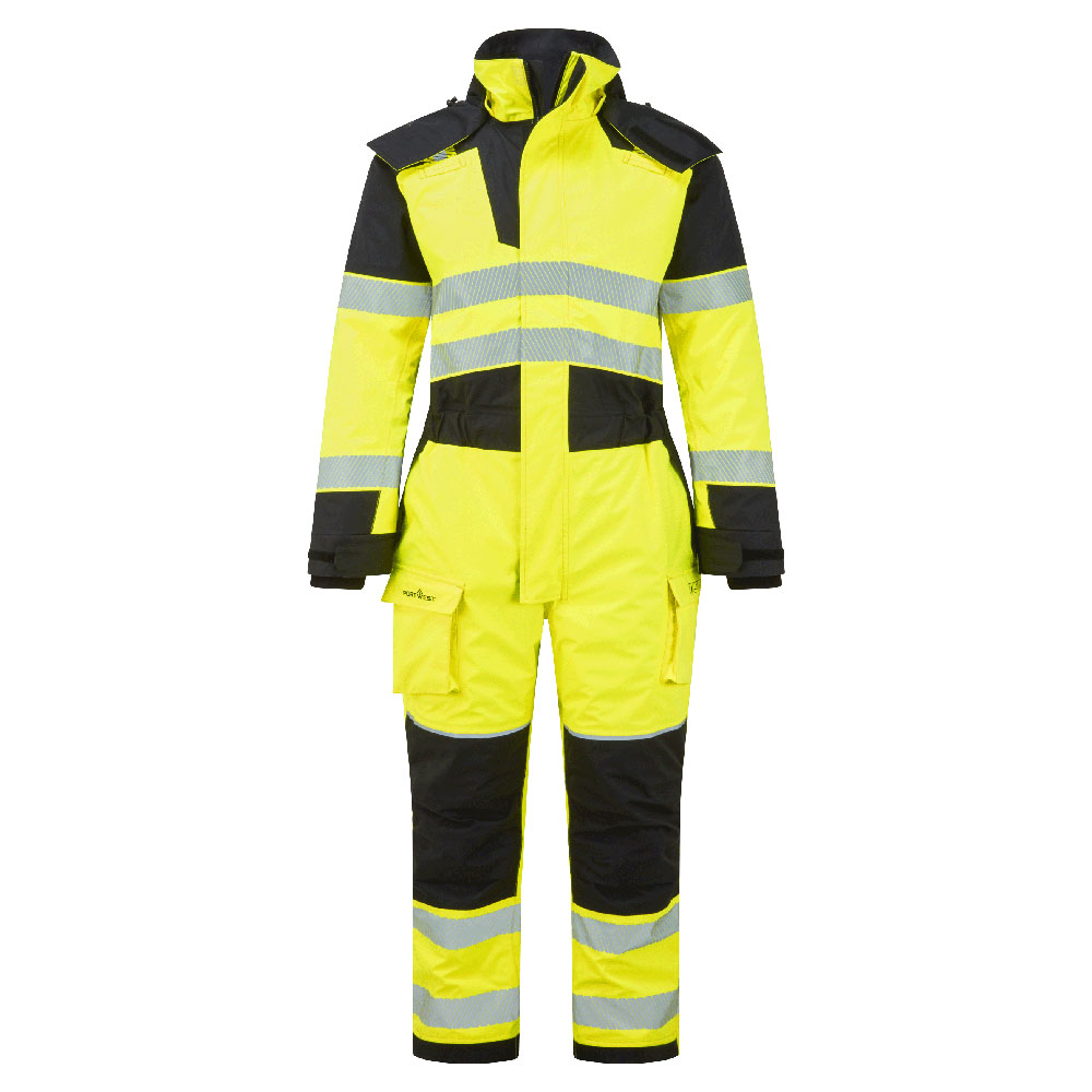 Portwest PW3 Modaflame Rain+ Hi-Vis Multi-Norm FR Winter Coverall in Gelb/Schwarz – Vorderansicht