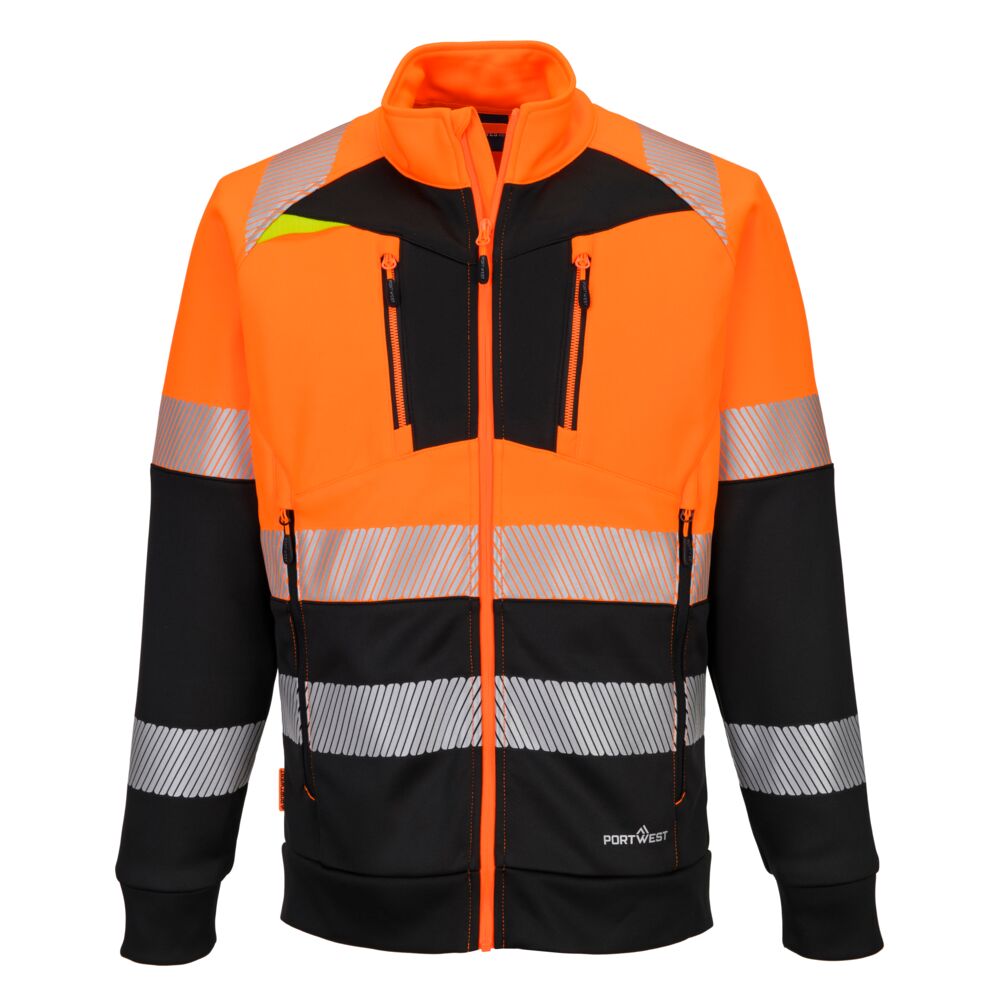 Portwest DX4 Hi-Vis Class 1 Funnel Neck Zipped Sweatshirt in Orange/Schwarz – Vorderansicht
