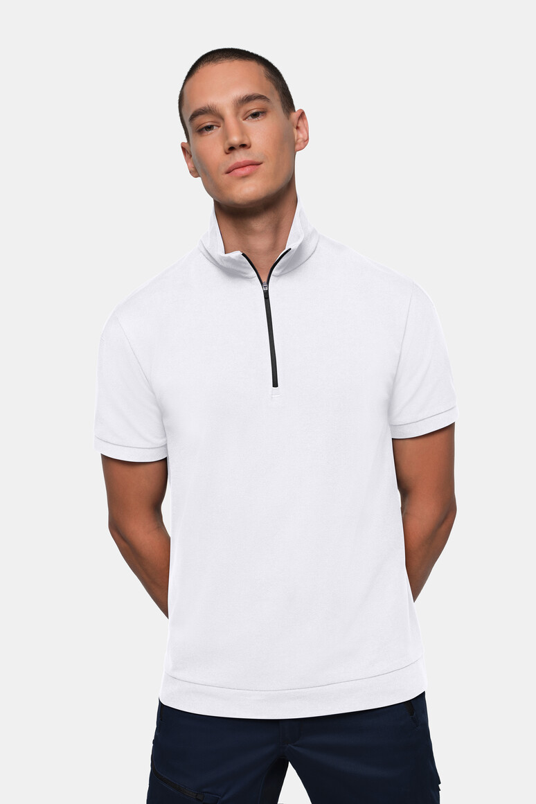 HAKRO 534 Zip-Shirt Piqué MIKRALINAR® ECO in Weiß – Modellansicht