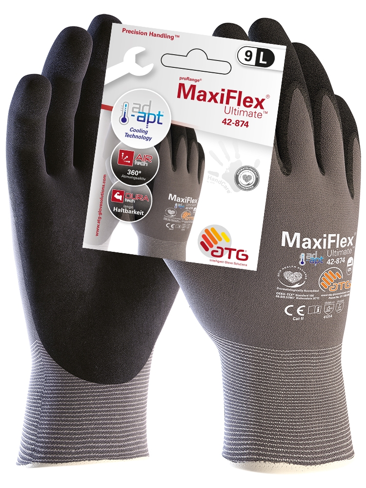 ATG® MaxiFlex® Ultimate™ AD-APT® Nylon-Strickhandschuhe (42-874 HCT), SB-Verpackung in Grau/Schwarz – Vorderansicht