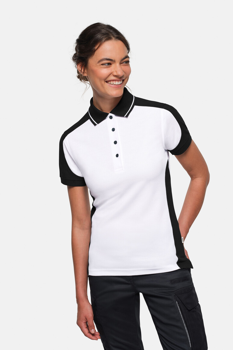 HAKRO 339 Damen Poloshirt Contrast MIKRALINAR® ECO in Weiß/Schwarz – Modellansicht
