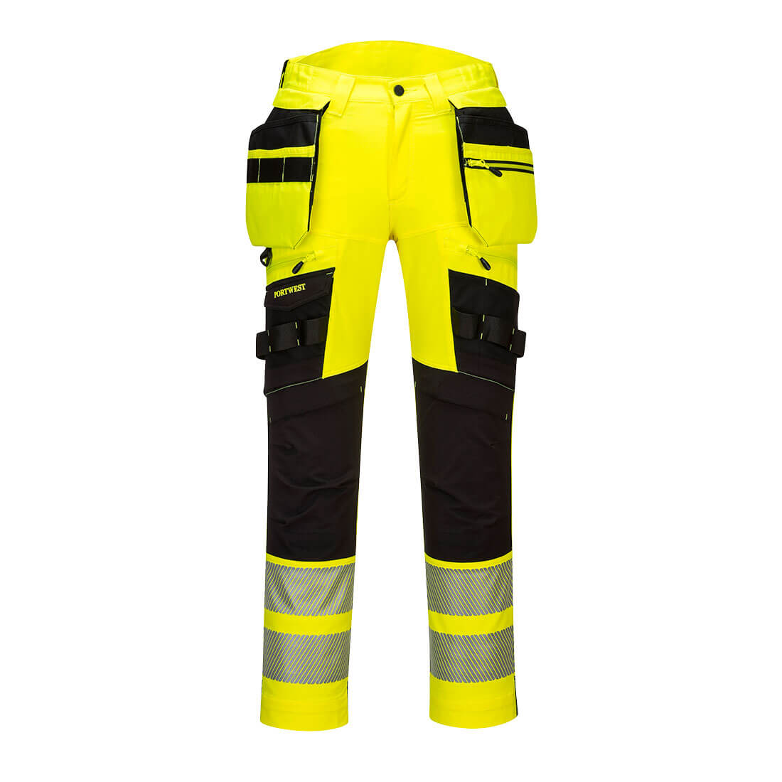 Portwest DX4 Hi-Vis Detachable Holster Pocket Trousers in Gelb/Schwarz – Vorderansicht