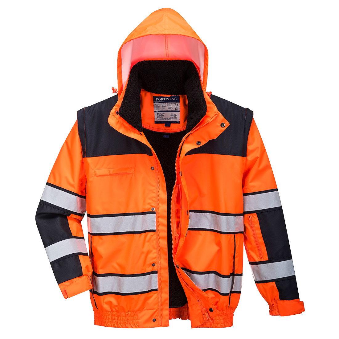 Portwest Hi-Vis 3-in-1 Contrast Winter Bomber Jacket in Orange/Schwarz – Vorderansicht