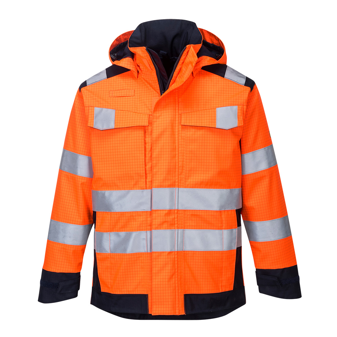 Portwest Modaflame Rain+ Hi-Vis Multi-Norm Contrast FR Jacket in Orange/Marine – Vorderansicht