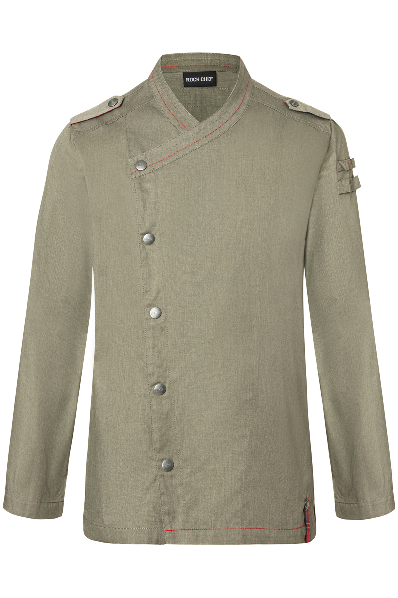 Langarm Herrenkochjacke Denim-Style ROCK CHEF®-Stage2 in Vintage Moss Green – Vorderansicht