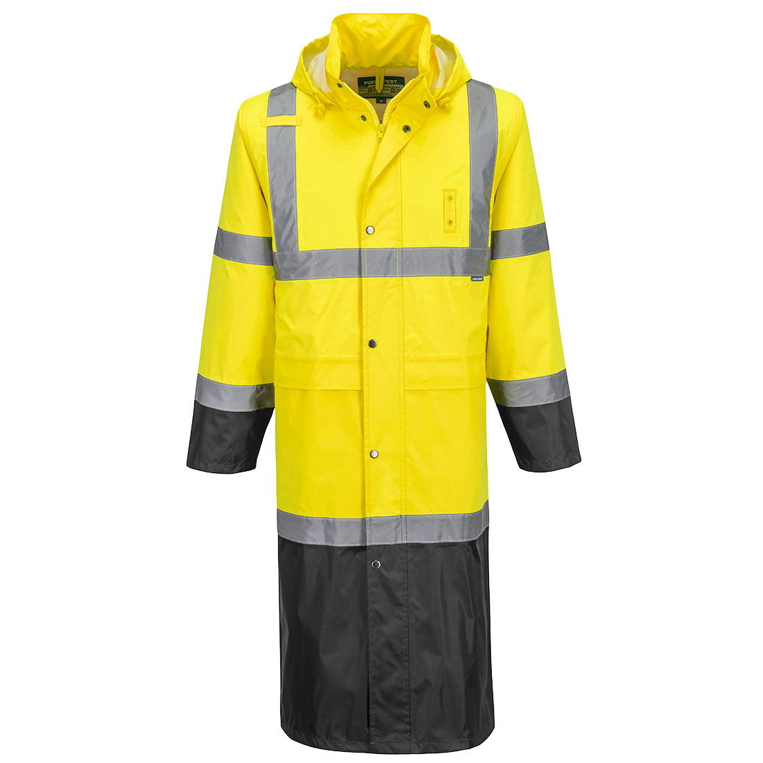Portwest Hi-Vis Contrast Raincoat 122cm in Gelb/Schwarz – Vorderansicht