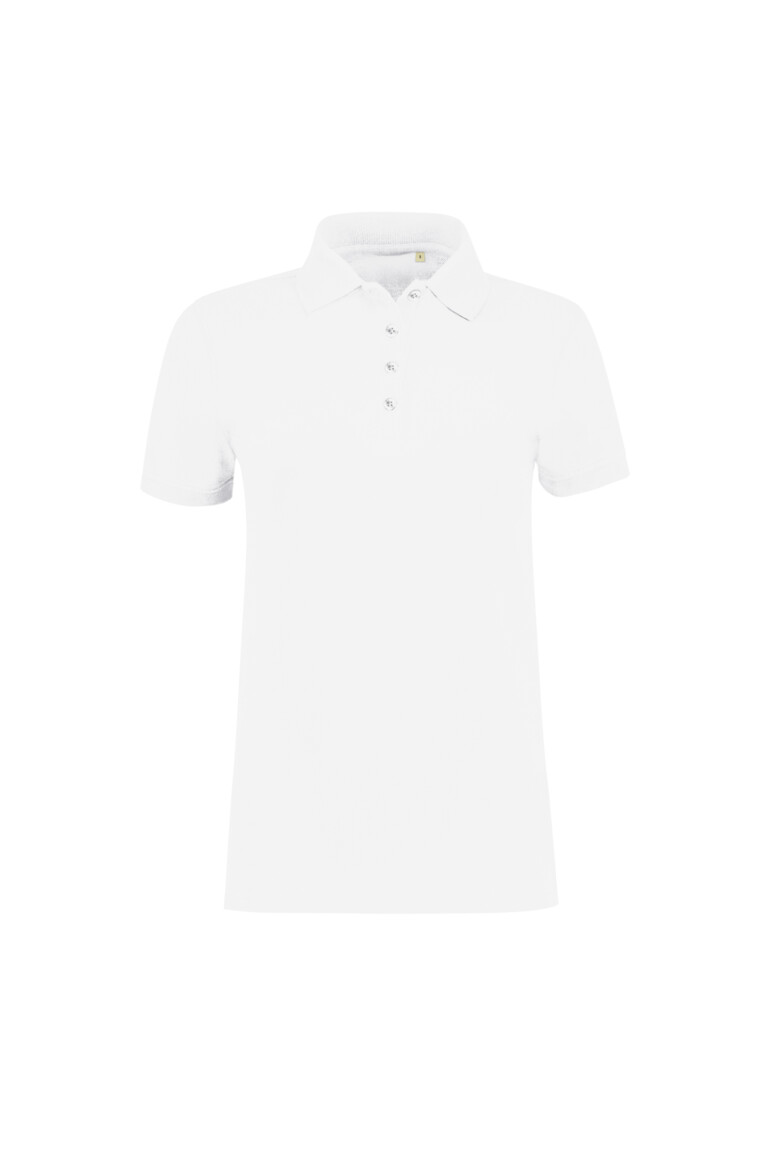 HAKRO 303 Label-Free Damen Poloshirt Heavy MIKRALINAR® ECO in Weiß – Vorderansicht