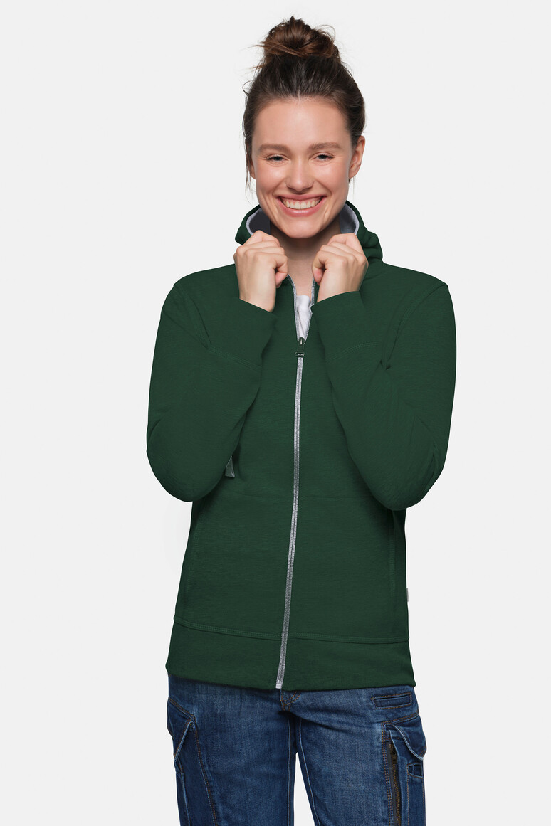 HAKRO 255 Damen Kapuzenjacke Bonded ECO in Tanne/Silber – Modellansicht