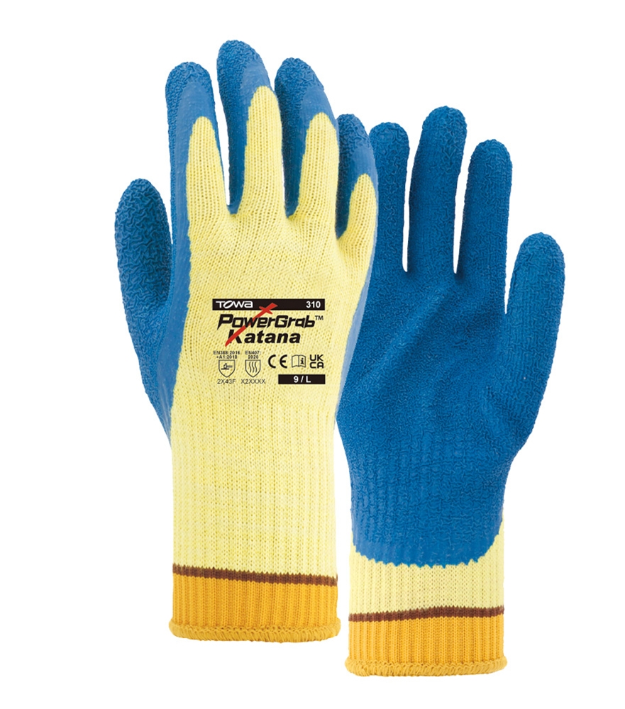 TOWA® Aramid-Faser Strickhandschuhe PowerGrab® Katana in Goldgelb/Blau – Detailansicht