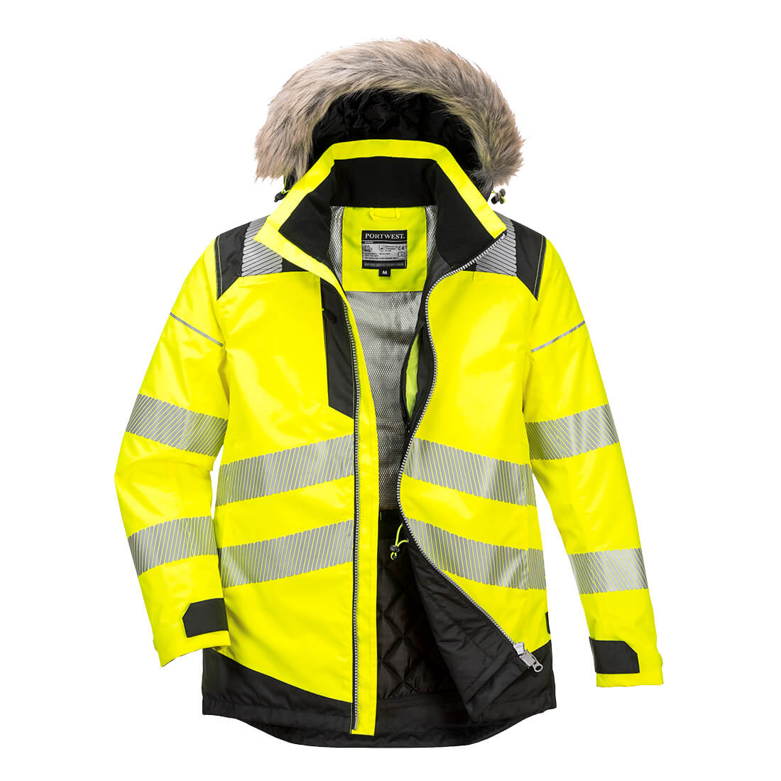 Portwest PW3 Hi-Vis Winter Parka Jacket in Gelb/Schwarz – Vorderansicht