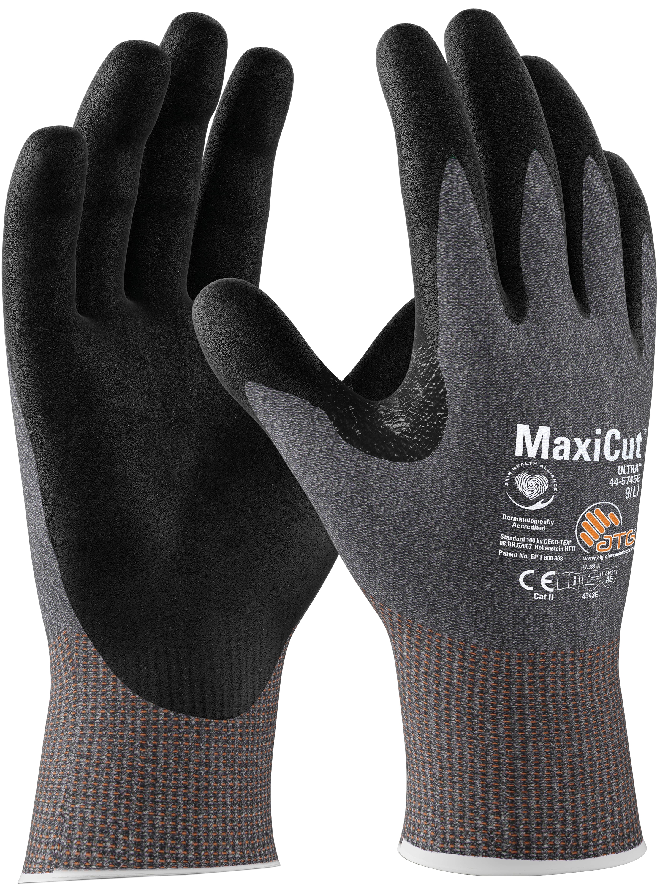 ATG® MaxiCut® Ultra™ Schnittschutz-Strickhandschuhe (44-5745E) in Grau/Schwarz – Vorderansicht