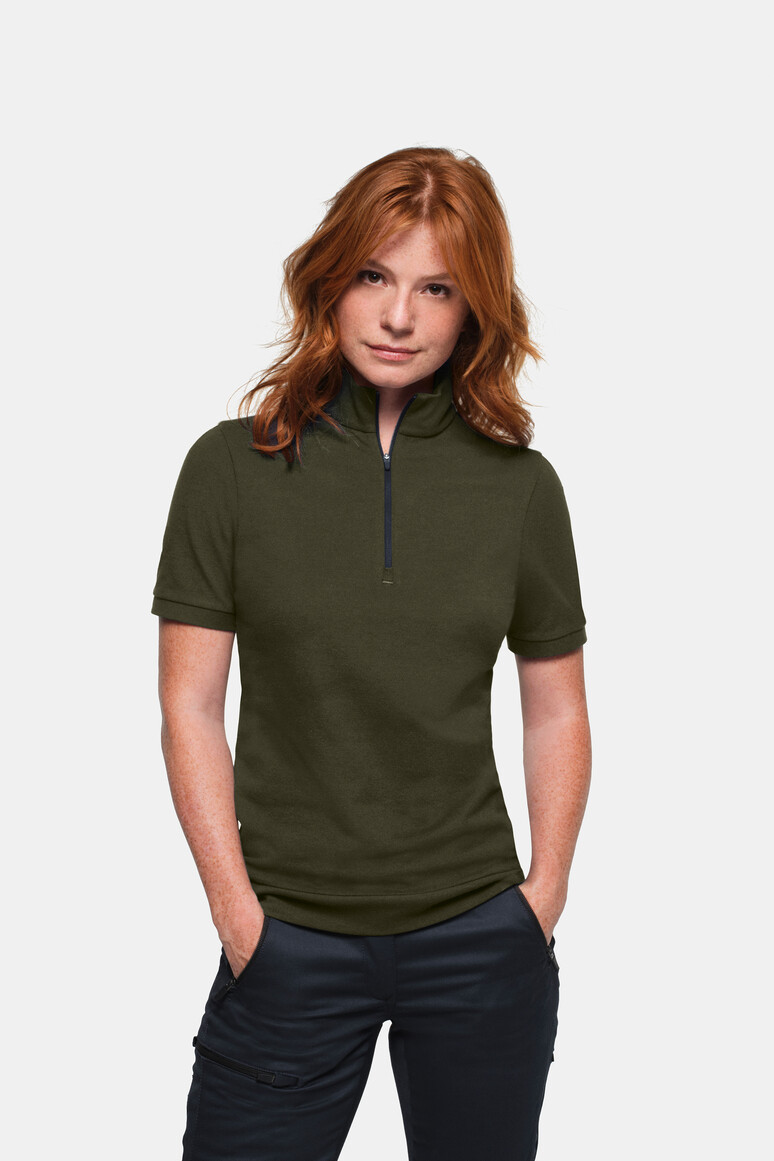HAKRO 334 Damen Zip-Shirt Piqué MIKRALINAR® ECO in Olive – Modellansicht