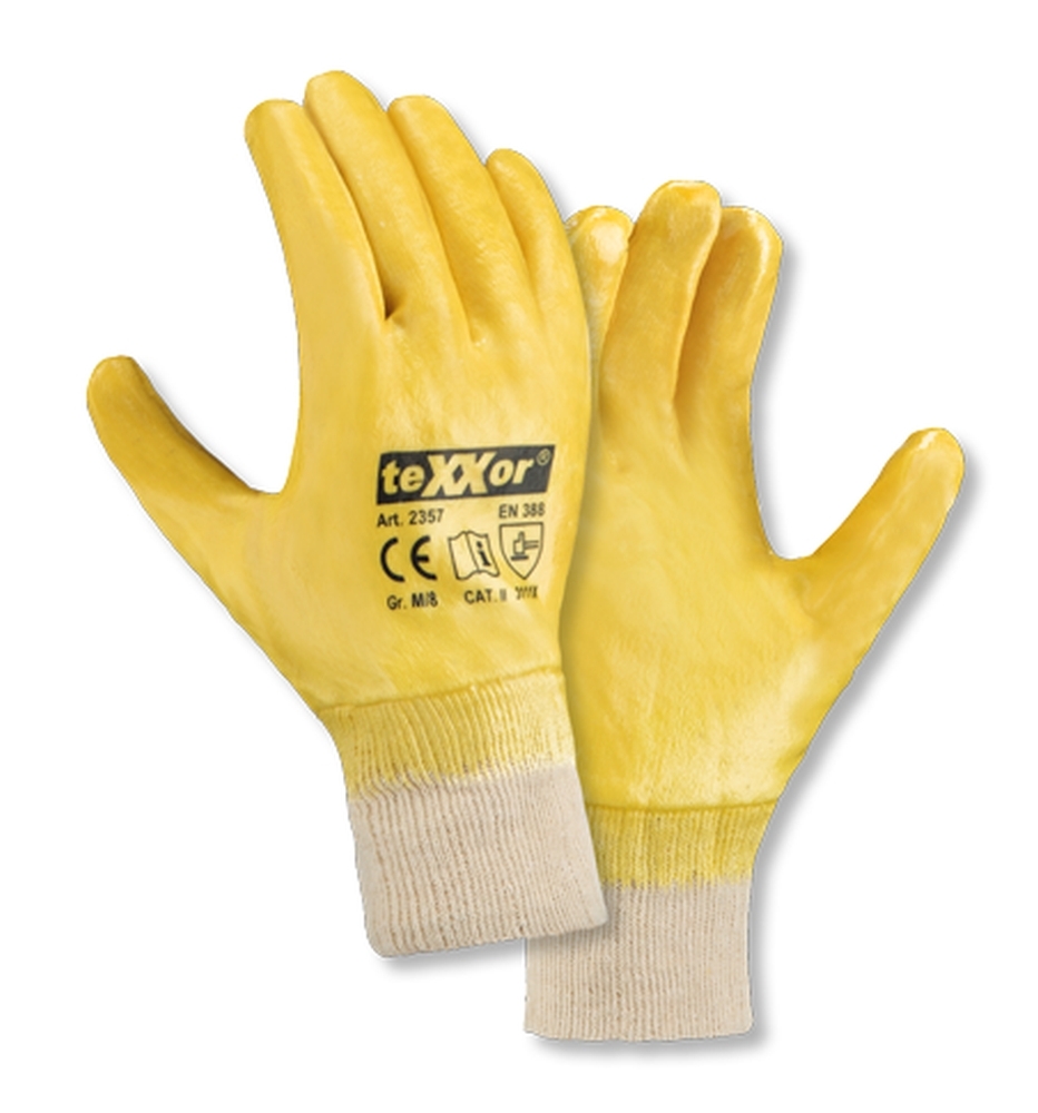 teXXor® Nitril-Handschuhe STRICKBUND in Gelb/Beige – Vorderansicht