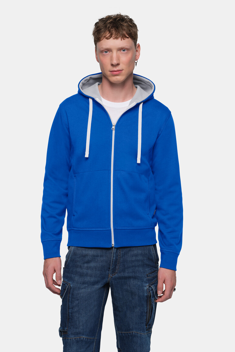 HAKRO 455 Kapuzenjacke Bonded ECO in Royalblau/Silber – Modellansicht