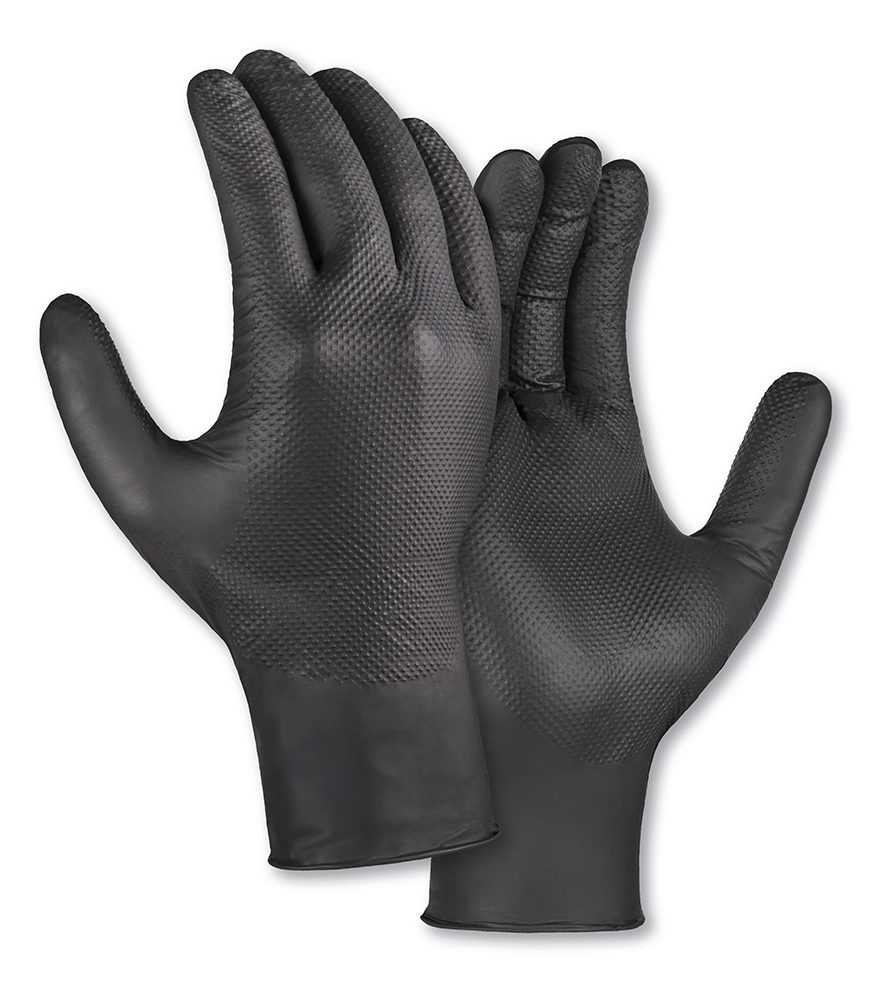 teXXor® Nitril-Einweg-Handschuhe Diamond Grip schwarz in Schwarz – Vorderansicht