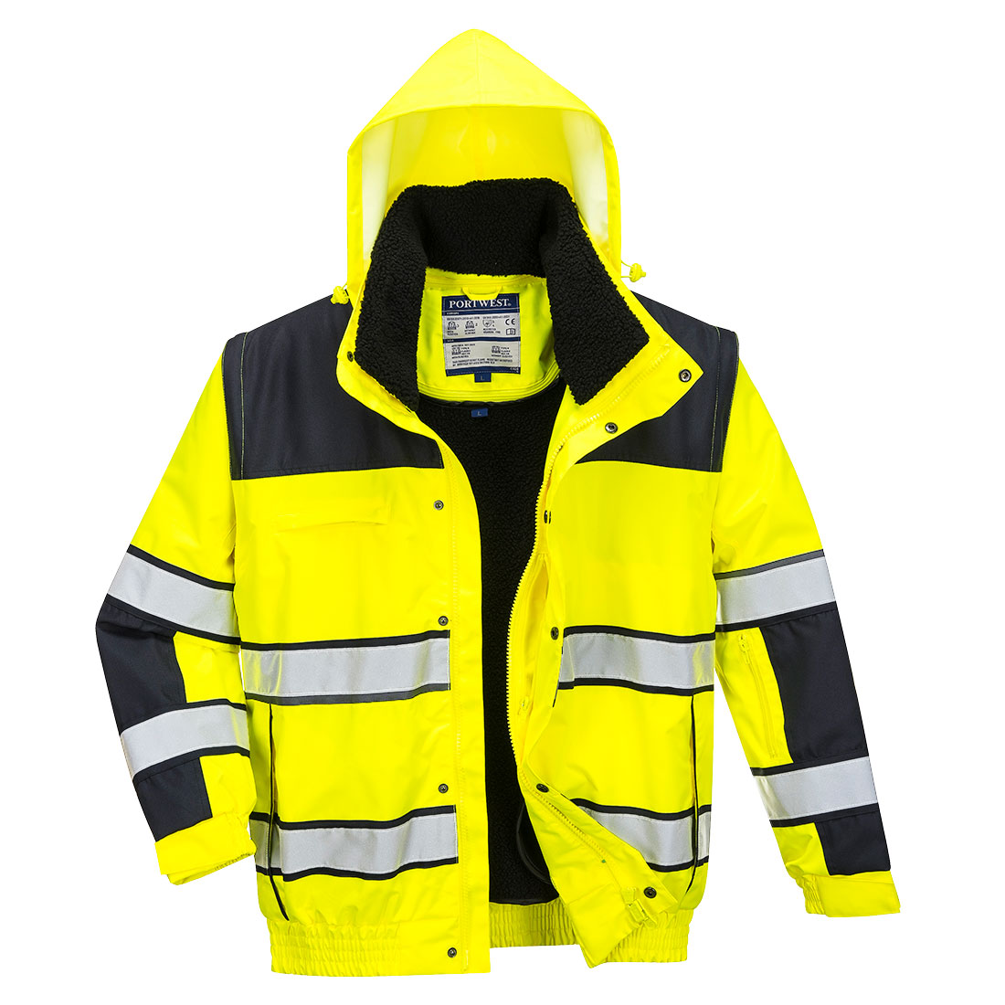 Portwest Hi-Vis 3-in-1 Contrast Winter Bomber Jacket in Gelb/Schwarz – Vorderansicht