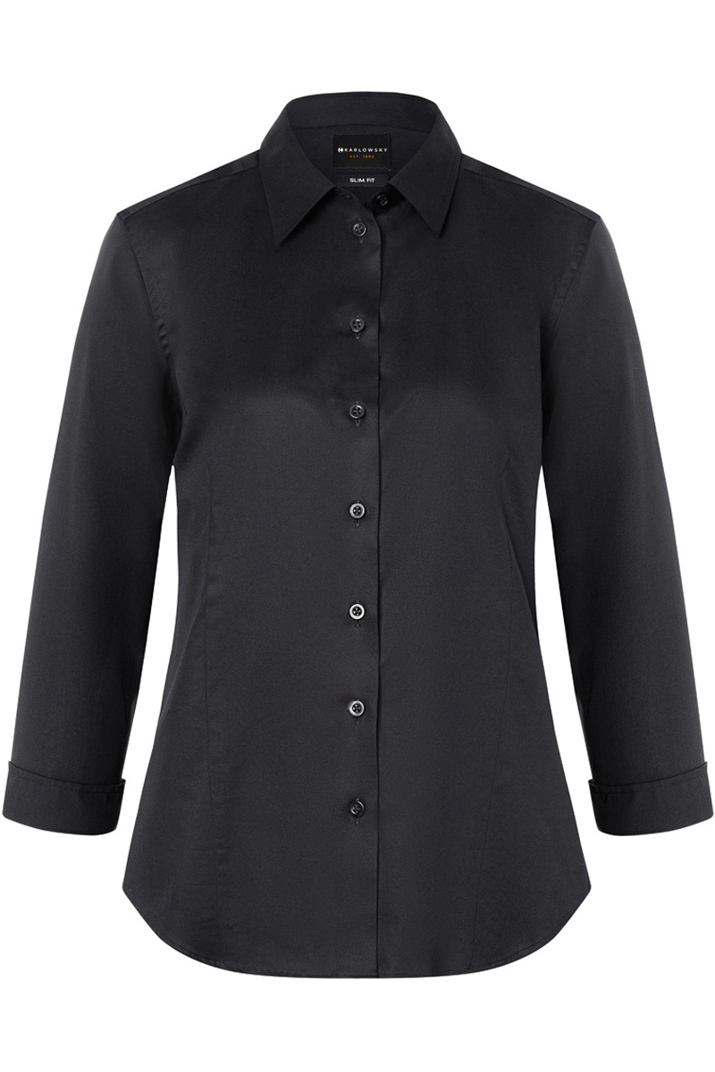 Karlowsky Damenbluse Active-Stretch mit 3/4-Ärmeln in Modern-Fit in Schwarz – Vorderansicht