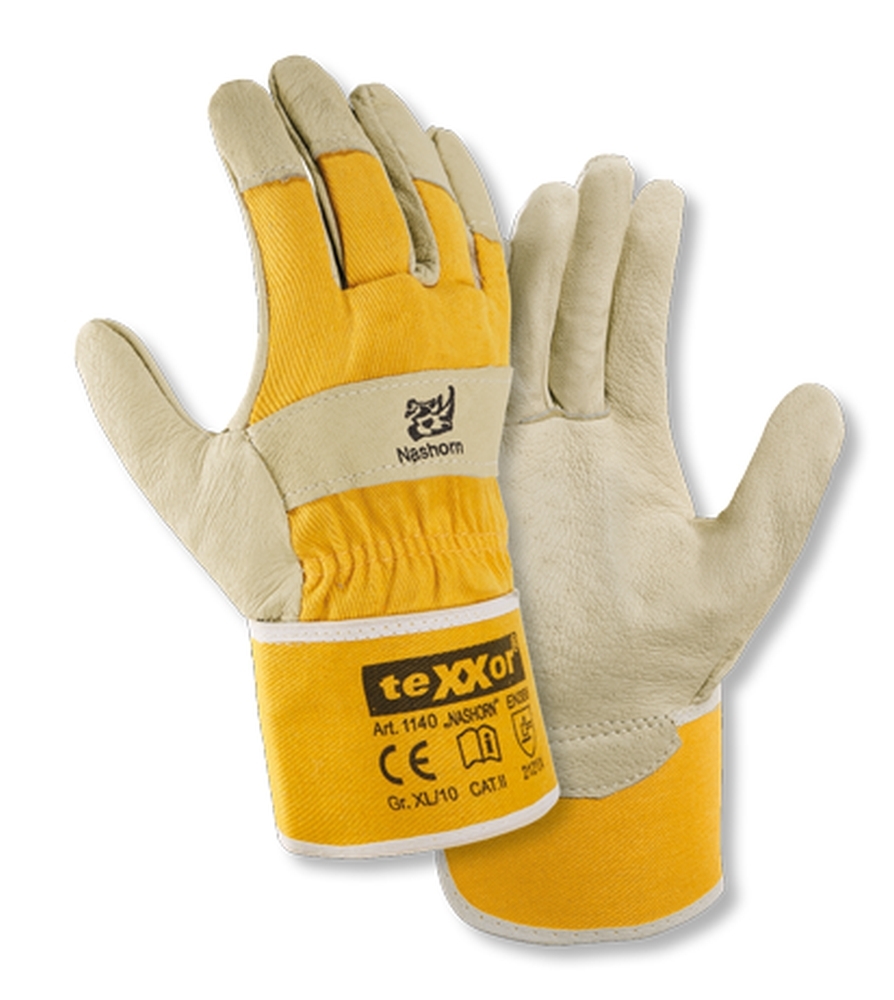 teXXor® Schweinsvollleder-Handschuhe NASHORN in Leder Natur, Drell Gelb – Vorderansicht