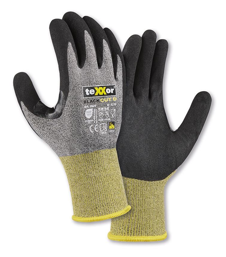 teXXor® Schnittschutz-Strickhandschuhe BLACK CUT® D in Grau-Meliert/Gelb/Schwarz – Vorderansicht