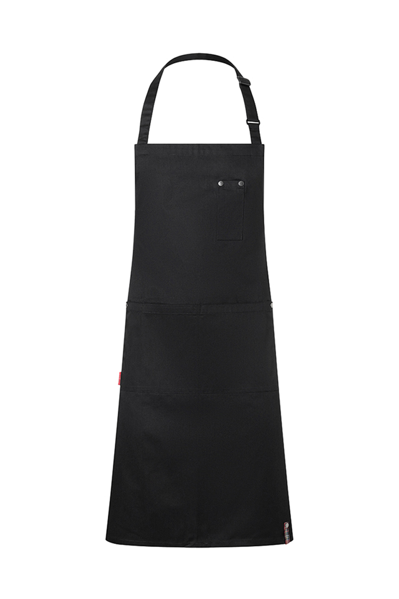 Latzschürze ROCK CHEF®-Stage2 mit Schnalle und Taschen in Schwarz – Vorderansicht