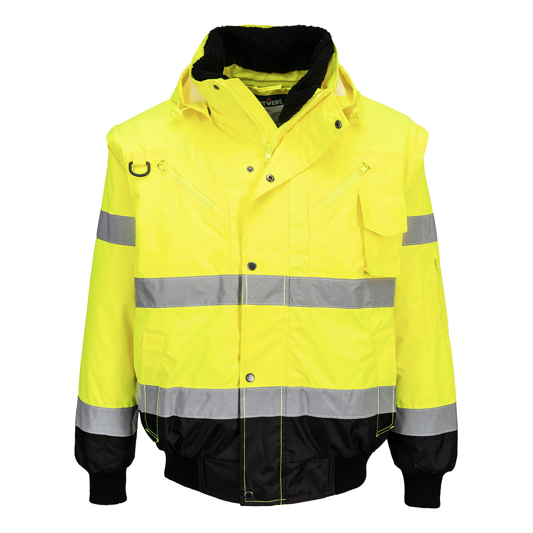 Portwest Hi-Vis 3-in-1 Contrast Bomber Jacket in Gelb/Schwarz – Vorderansicht