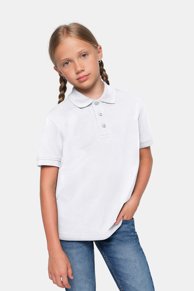 HAKRO 545 Kinder Poloshirt Bio-Baumwolle in Weiß – Modellansicht