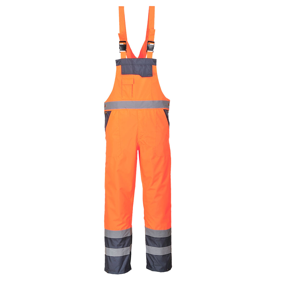 Portwest Hi-Vis Breathable Contrast Rain Bib and Brace in Orange/Marine – Vorderansicht
