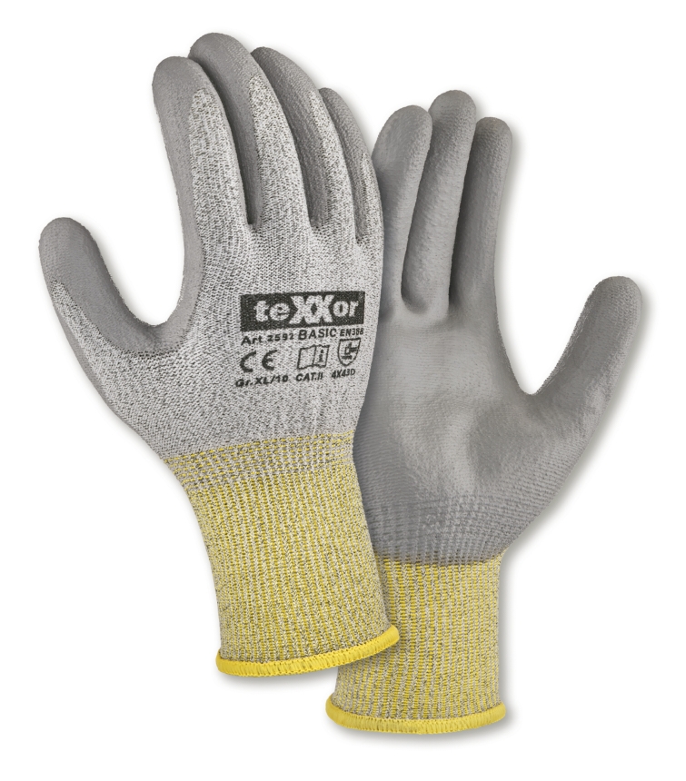 teXXor® PU-Schnittschutz-Strickhandschuhe CUT D - Basic in Grau-Meliert – Vorderansicht