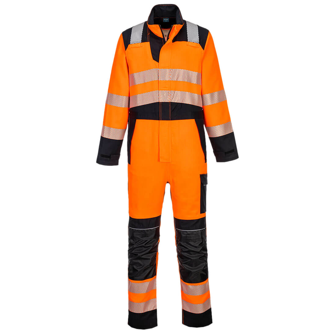 Portwest PW3 Modaflame Work HVO Multi-Norm FR Coverall in Orange/Schwarz – Vorderansicht