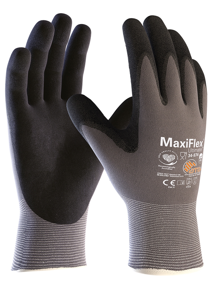 ATG® MaxiFlex® Ultimate™ Nylon-Strickhandschuhe (34-874) in Grau/Schwarz – Vorderansicht