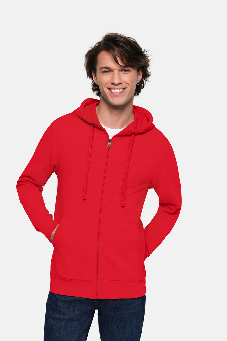 HAKRO 605 Kapuzen-Sweatjacke Premium in Rot – Modellansicht
