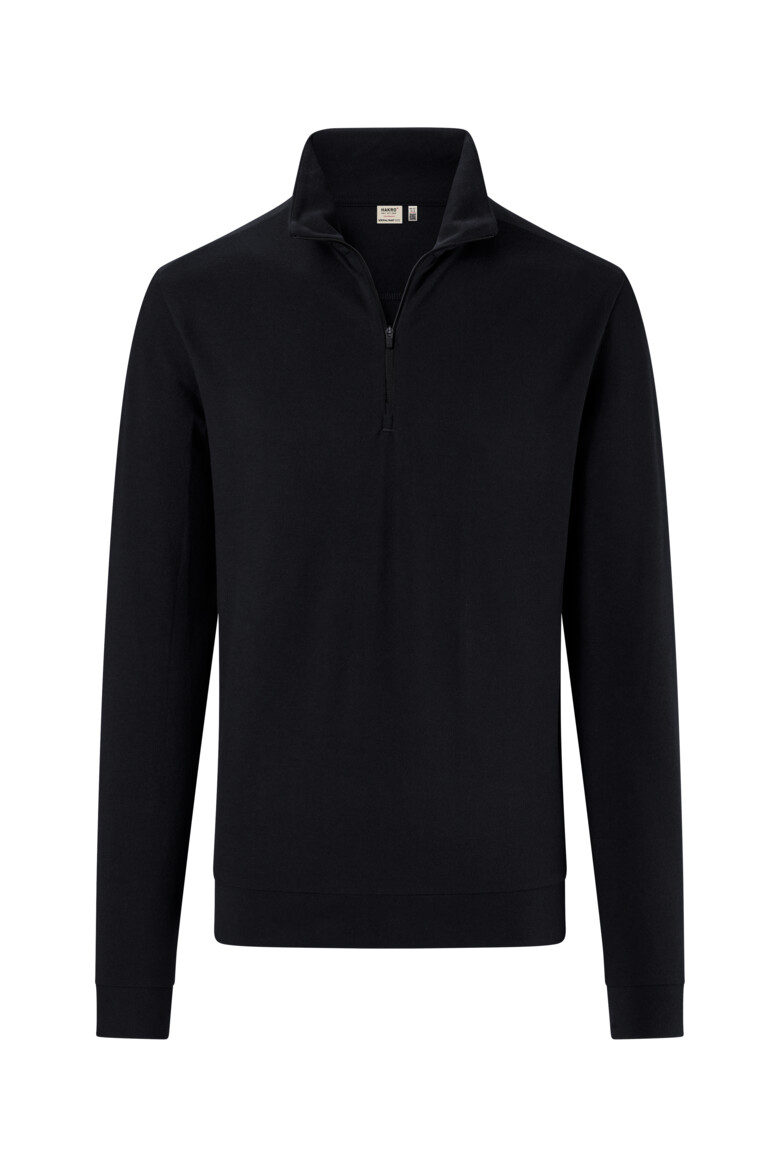HAKRO 535 Zip-Longsleeve Piqué MIKRALINAR® ECO in Schwarz – Vorderansicht