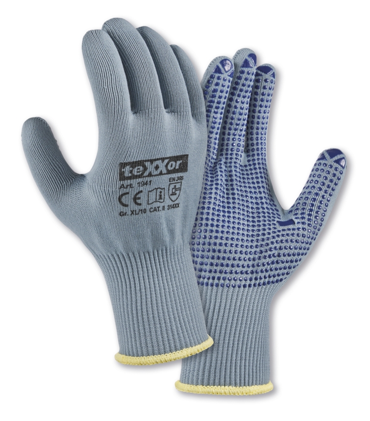 teXXor® Feinstrick-Handschuhe NYLON in Grau/Blaue Noppen – Vorderansicht